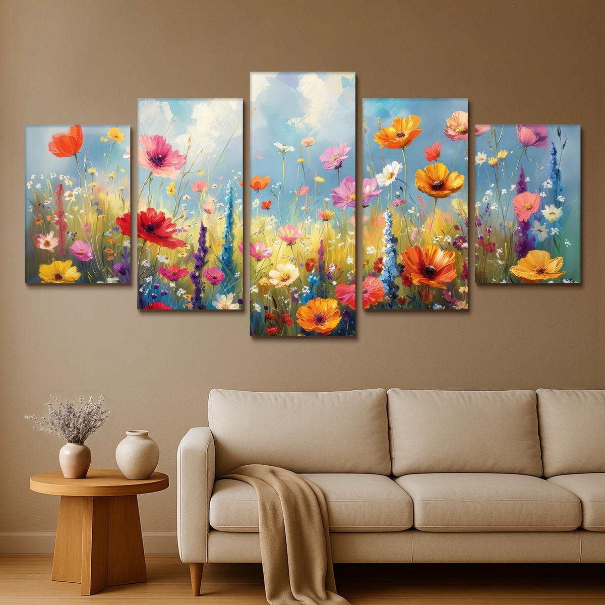 LEINWANDBILD 5er Set Blumen - Frühling - Farbenfroh - Sommerlich 200x100 cm - Orange, Textil (200/100cm) - MuchoWow