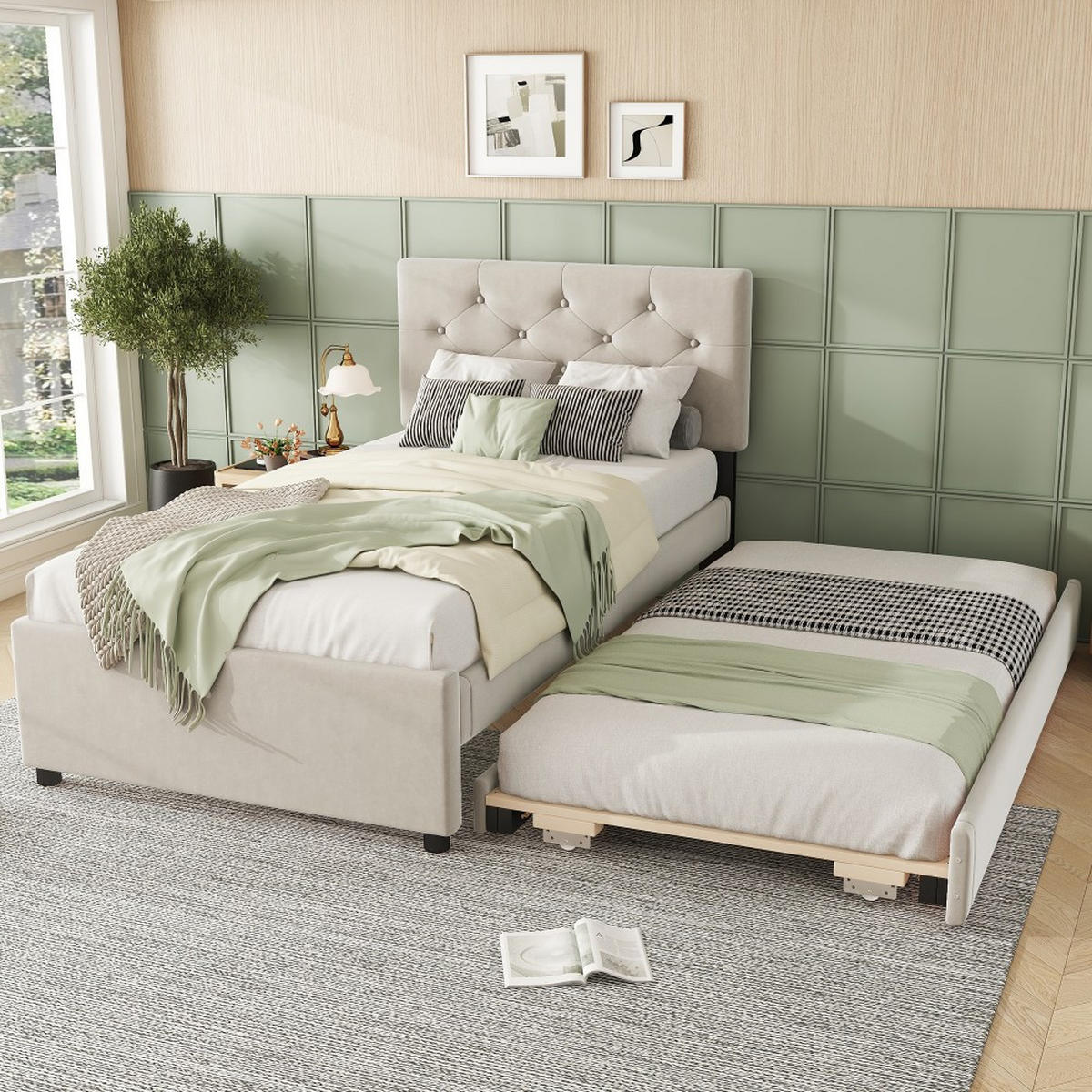 POLSTERBETT 90x200cm in Beige Samt - Beige, Holz/Textil (90/200cm) - KOMHTOM