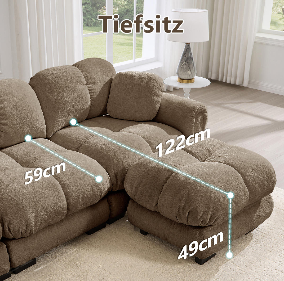 SOFA 190/149/90 cm in Braun aus Chenille mit modularer Flexibilität und Steppdesign - Braun, Textil (149/90/190cm) - Flora Grace