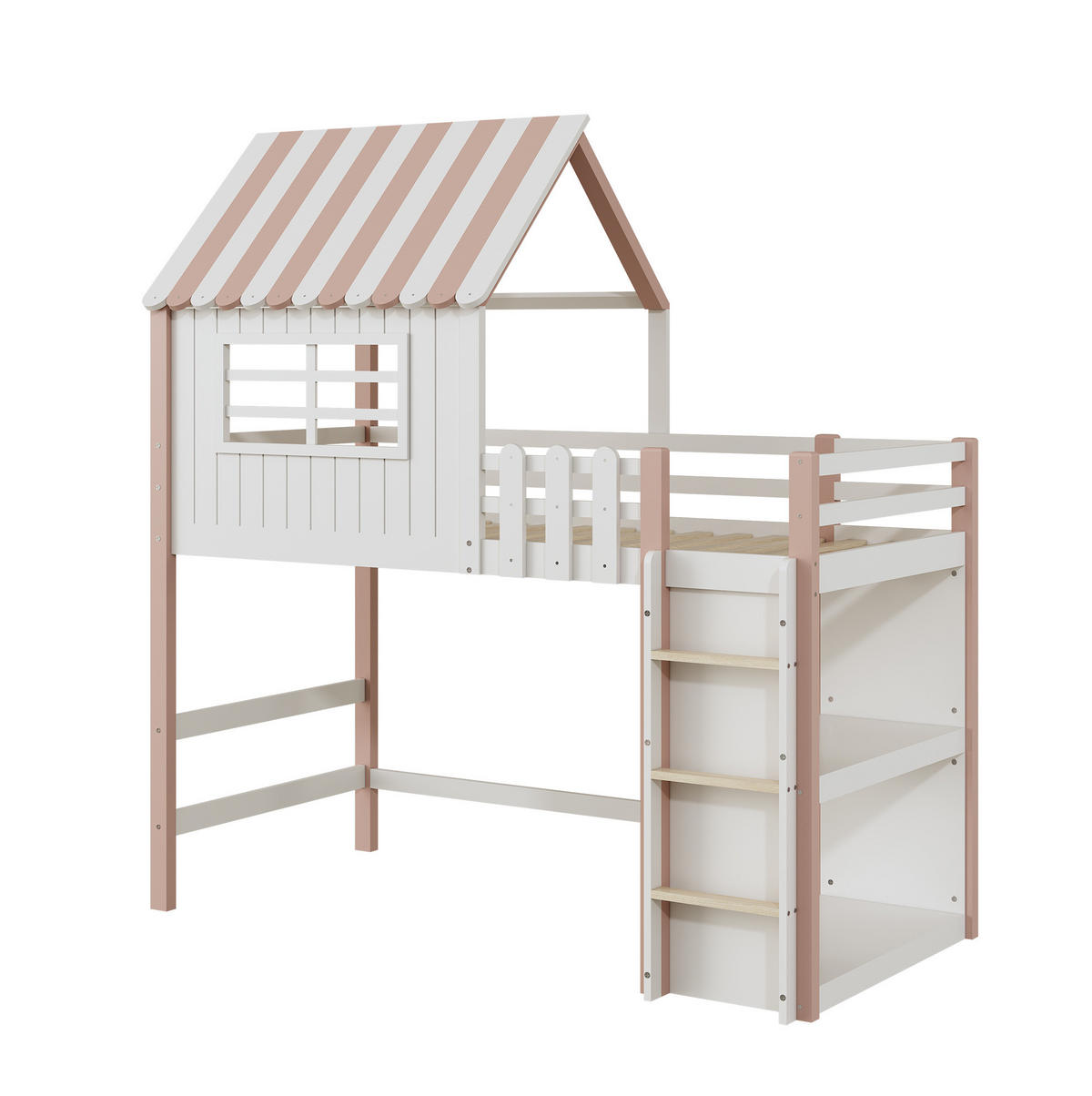 HOCHBETT 90/200 cm Rosa Hausbett mit Sicherheitsleiter und Stauraum mit Matratze - Rosa, Holzwerkstoff (90/200cm) - OKWISH