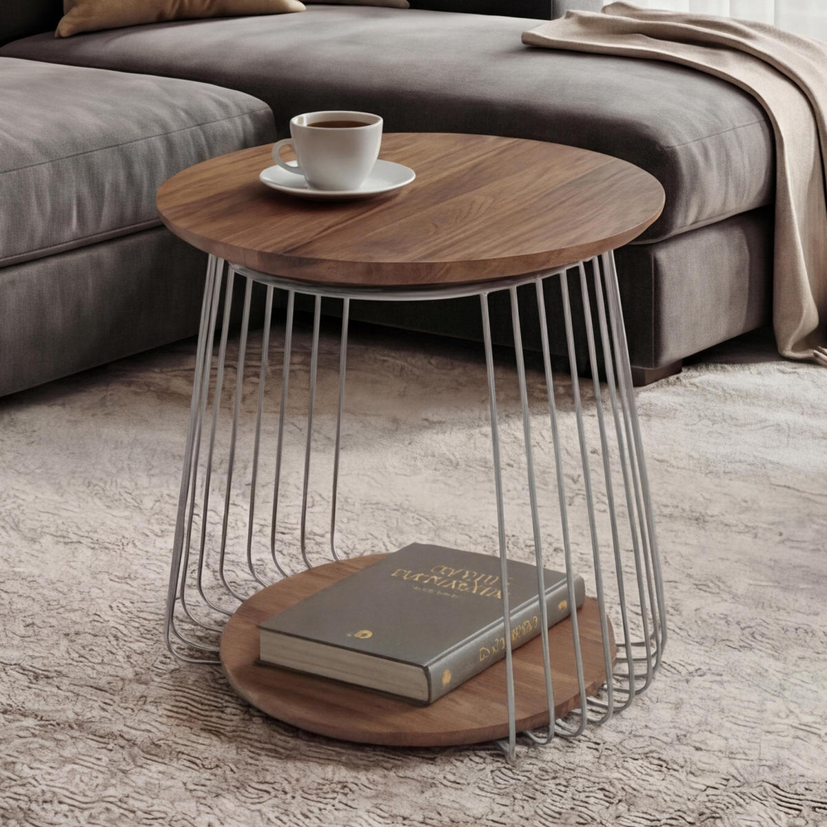 MIZA za kavč okrogla Rjava, srebrna - srebrne barve/rjava, les (50/50/52cm) - MCW