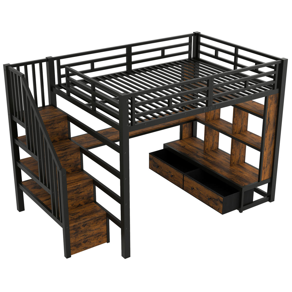 HOCHBETT 140/200 cm schwarz aus MDF und Metall mit Schreibtisch - Schwarz, Holzwerkstoff (140/200cm) - OKWISH
