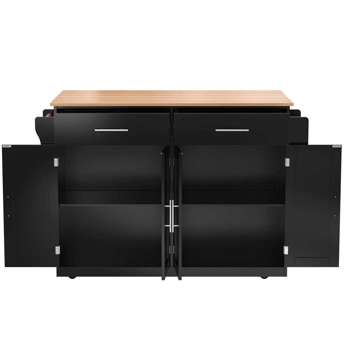 KÜCHENINSEL 120/46/91,5 cm mit klappbarer Tischplatte, 2 Schubladen, 4 Türen, Rollen und Holzfüßen, MDF, Schwarz/Natur - Schwarz, Holzwerkstoff (120/91.5/71cm) - Redom