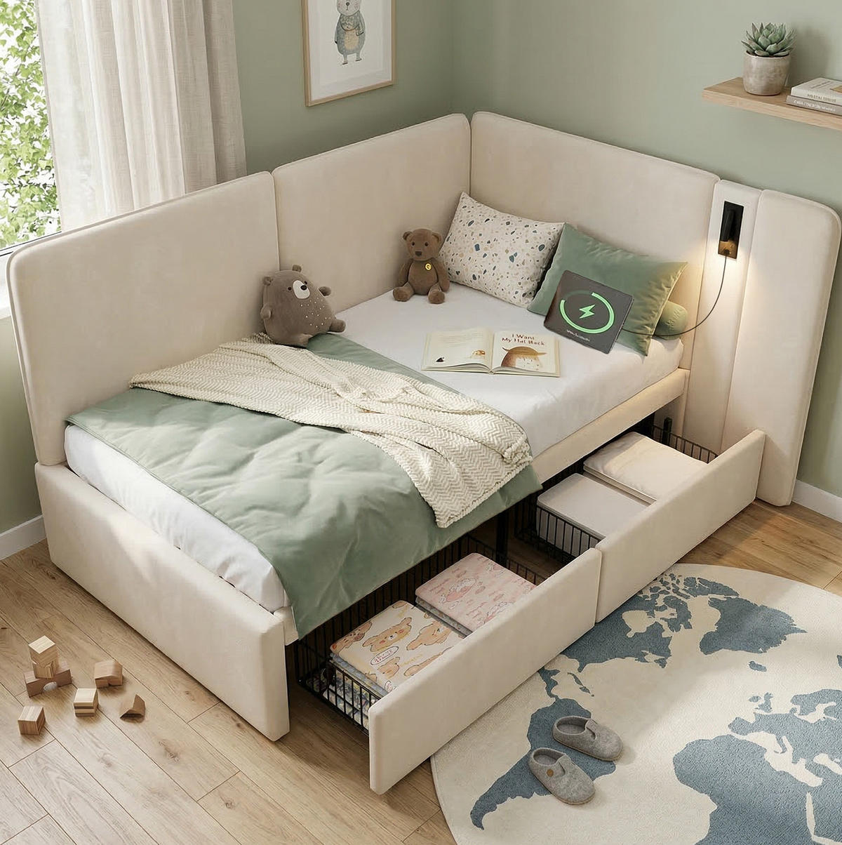 TAGESBETT 90/200 cm mit 2 Schubladen, USB- und Typ-C-Anschluss sowie Leselampe, Samtbezug, Beige - Beige, Textil (90/200cm) - Redom