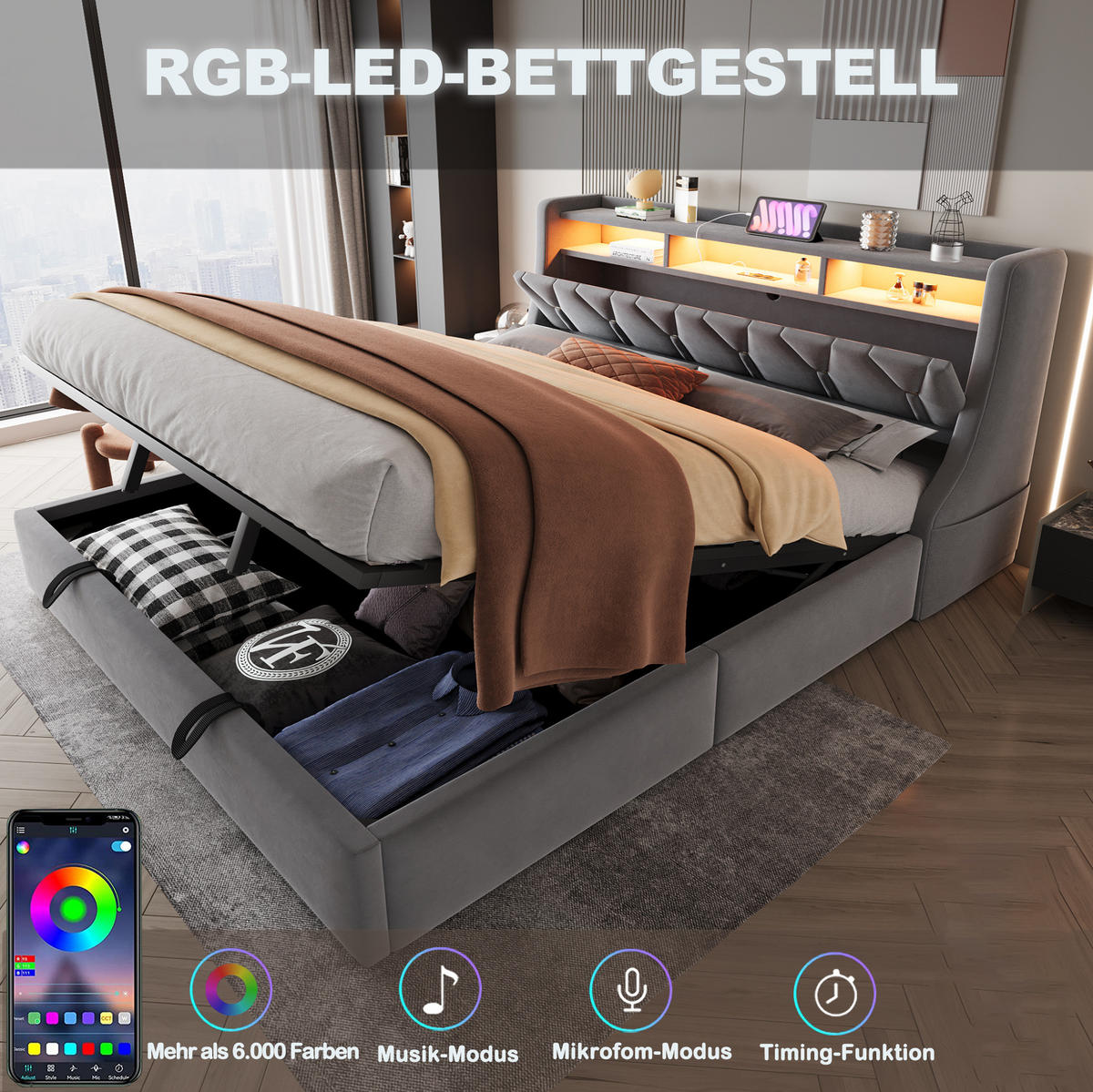 POLSTERBETT aus Samtstoff 180x200 cm Grau mit LED-Beleuchtung, USB-/Typ-C-Anschluss und hydraulischem Bettkasten - Grau, Textil (180/200cm) - Modfu