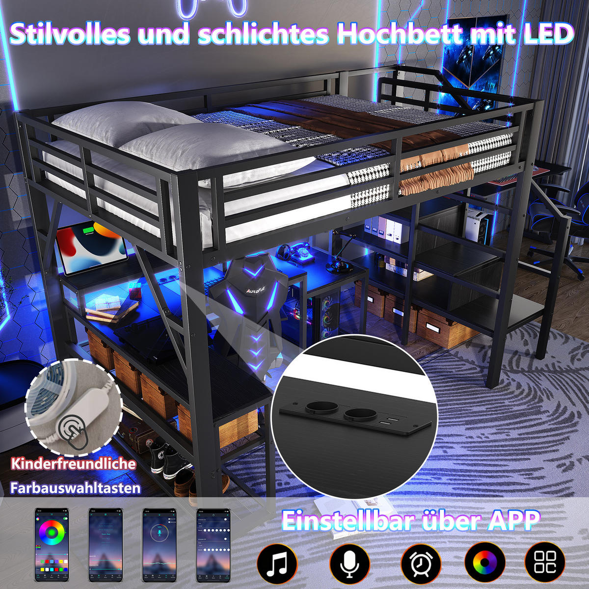 HOCHBETT 140/200 cm, Eisenrahmen, LED, USB mit Schreibtisch - Schwarz, Metall (140/200cm) - MIVRAY