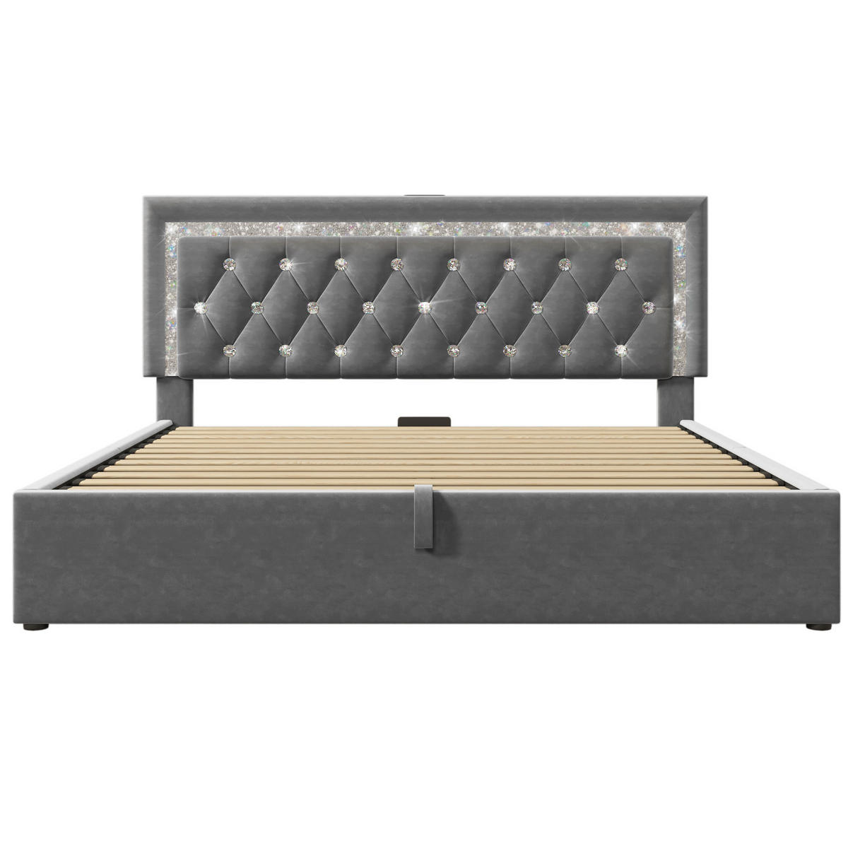 POLSTERBETT aus Samt 140x200 cm in Grau mit LED & USB-Type-C-Ladestation - Grau, Textil (140/200cm) - Modfu