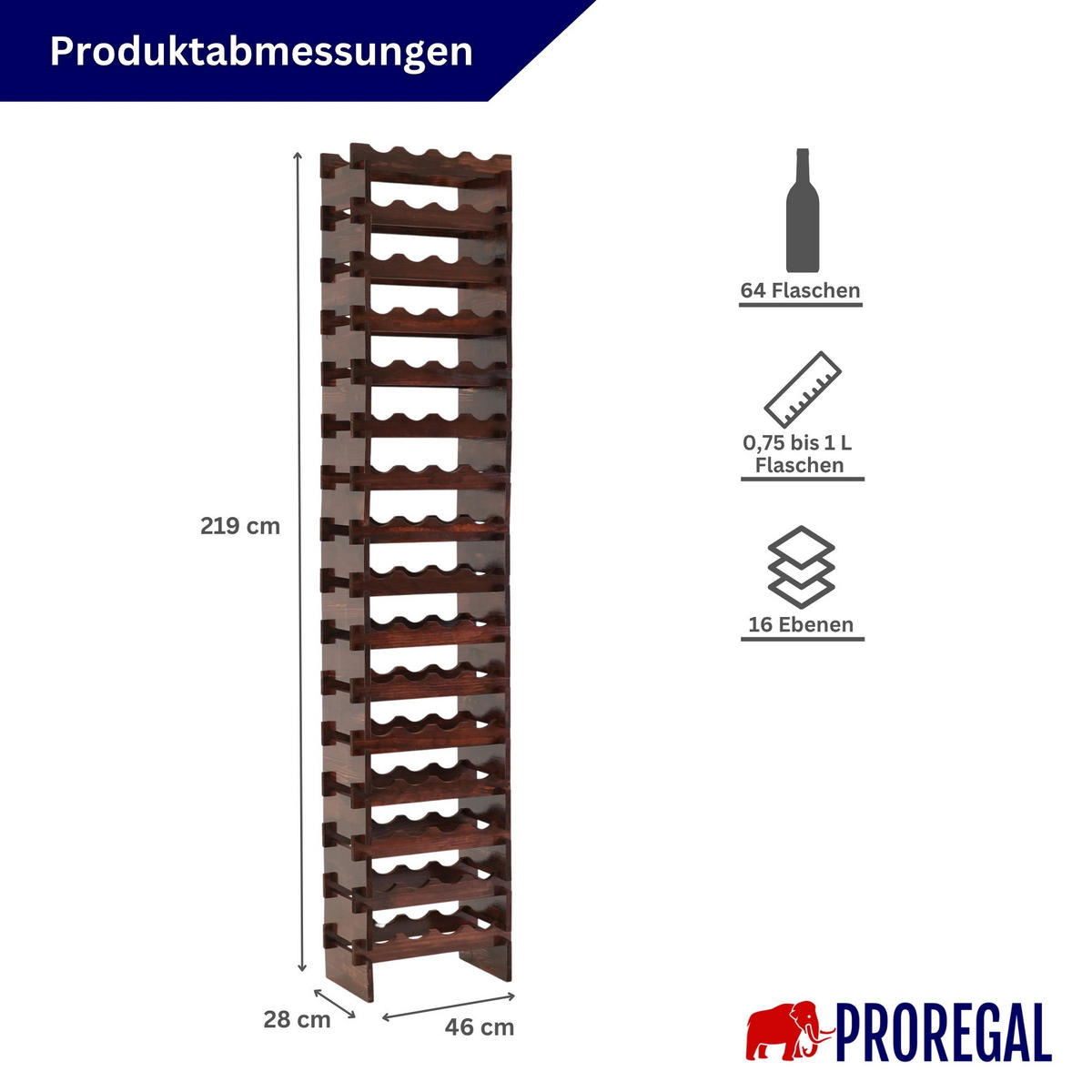 WEINREGAL NAVARRA aus Holz 219x46x28cm 64 Flaschen auf 16 Ebenen Braun geölt - Braun, Holz (46/219/28cm) - PROREGAL
