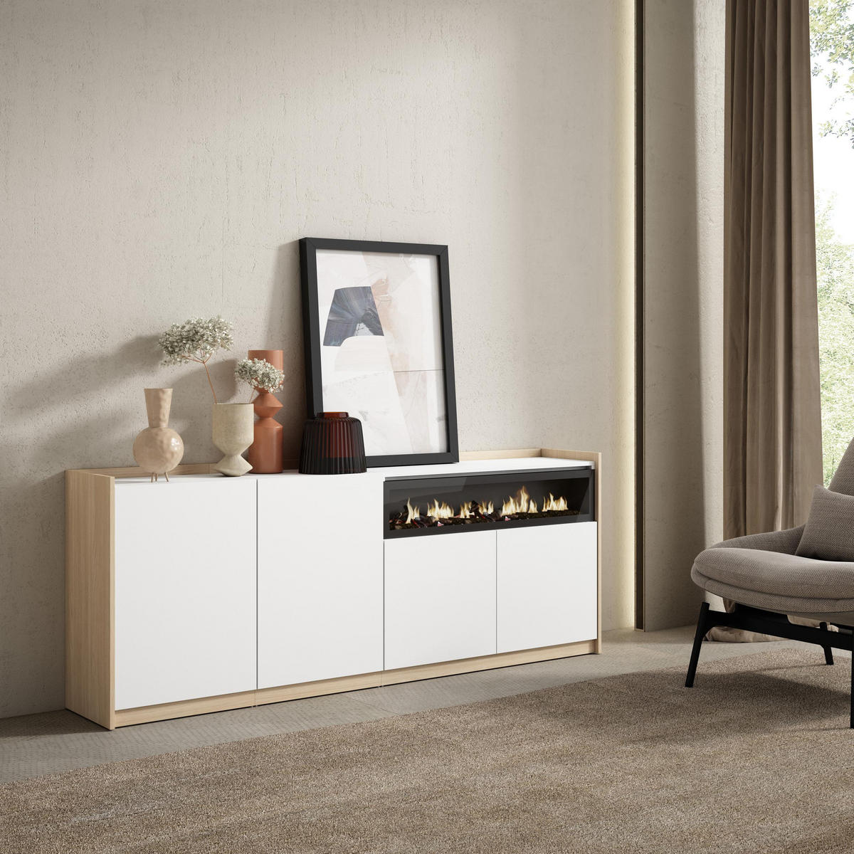 SIDEBOARD, Highboard, Weiß und Eiche Soft, Elektrokamin, 207/37/80cm - Weiß, Holzwerkstoff (207/80/37cm) - Skraut Home