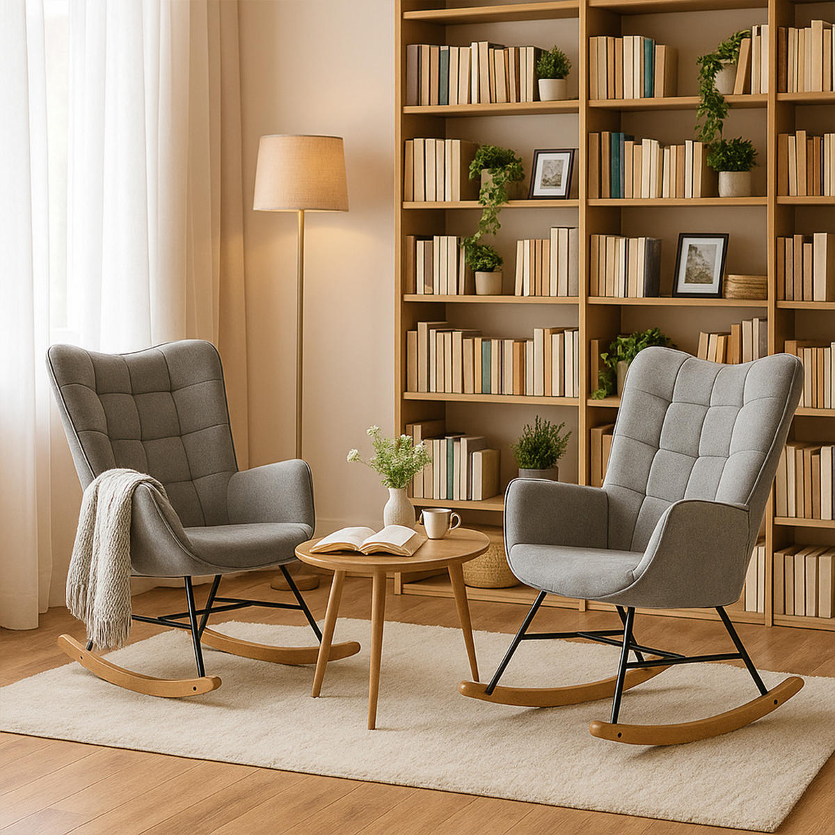 2ER Set Schaukelstuhl Massivholz, Grau - Grau, Textil (66/98/84cm) - Meubles Cosy