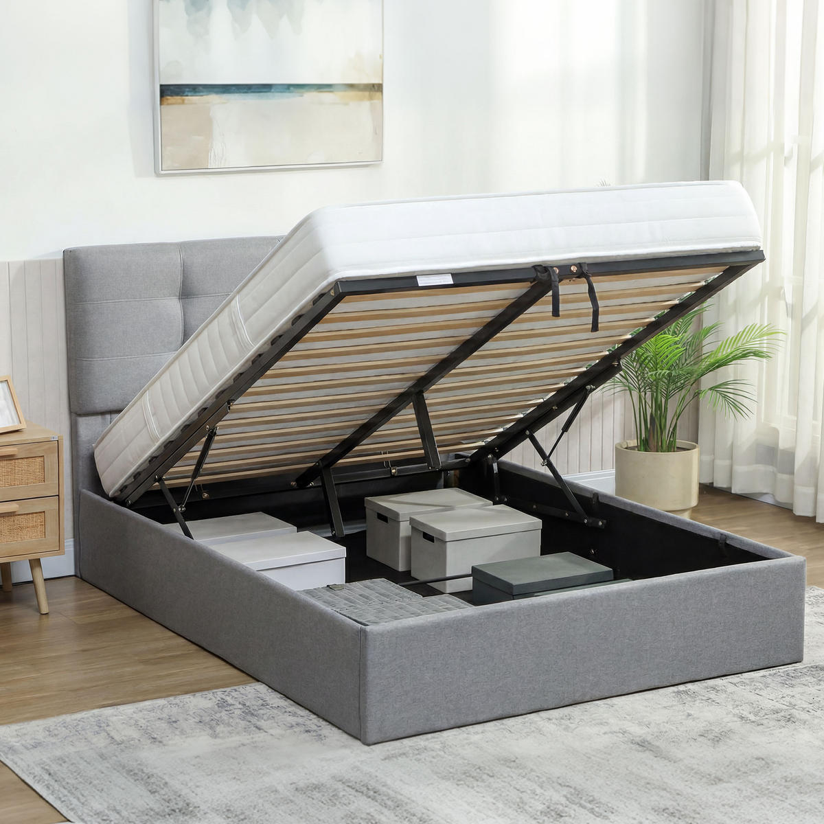 BETT 140x190 cm DE-14637 mit Lift-Stauraum und gepolstertem Kopfteil Grau - Grau, Textil (140/190cm) - ComfortXL