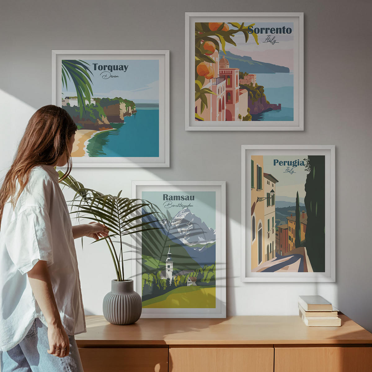 BILDER SET 4er Set - 50x50 cm & 40x60 cm Weißer Rahmen - Berglandschaften und Städte - Weiß, Kunststoff (50/50cm) - TULUP