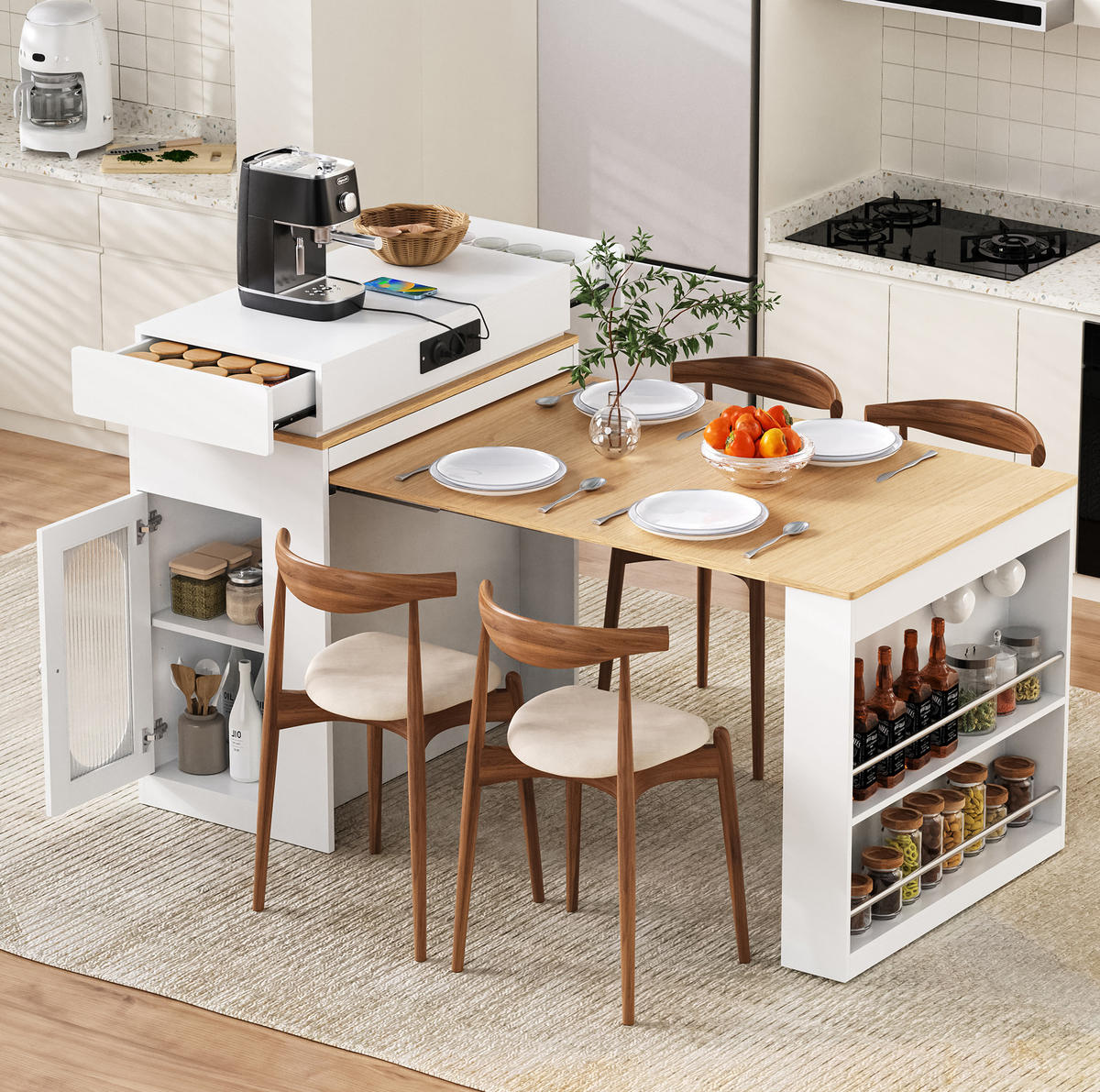 KÜCHENINSEL 83/46-146,5/96 cm weiß aus MDF mit ausziehbarer Klapptischplatte - Weiß, Holzwerkstoff (83/96/46cm) - OKWISH