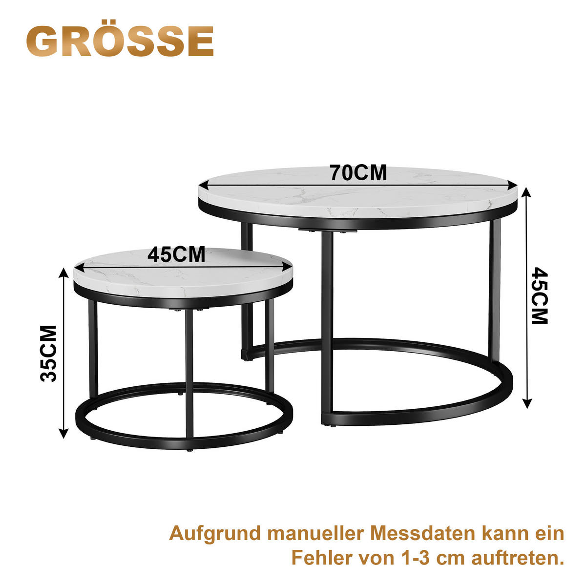 COUCHTISCH in Weiß/Schwarz Hitzebeständiger Wohnzimmertisch mit Marmor-Optik Platte Sofatisch mit Metallgestell - Schwarz, Holzwerkstoff/Metall (70/70/45cm) - STILVORA
