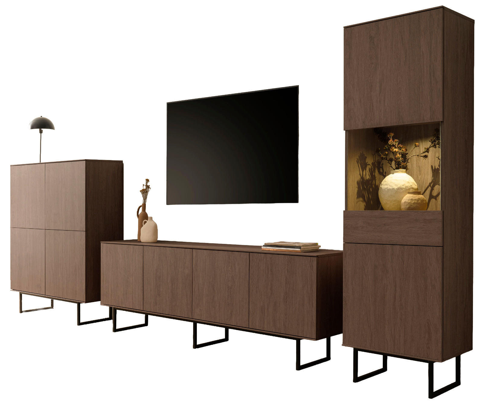 WOHNWAND in Nussbaum 3-teilig 400 cm, Wohnkombination mit Push-to-Open - Nussbaumfarben/Schwarz, Glas/Holzwerkstoff (400/200/40cm) - Furn.Design