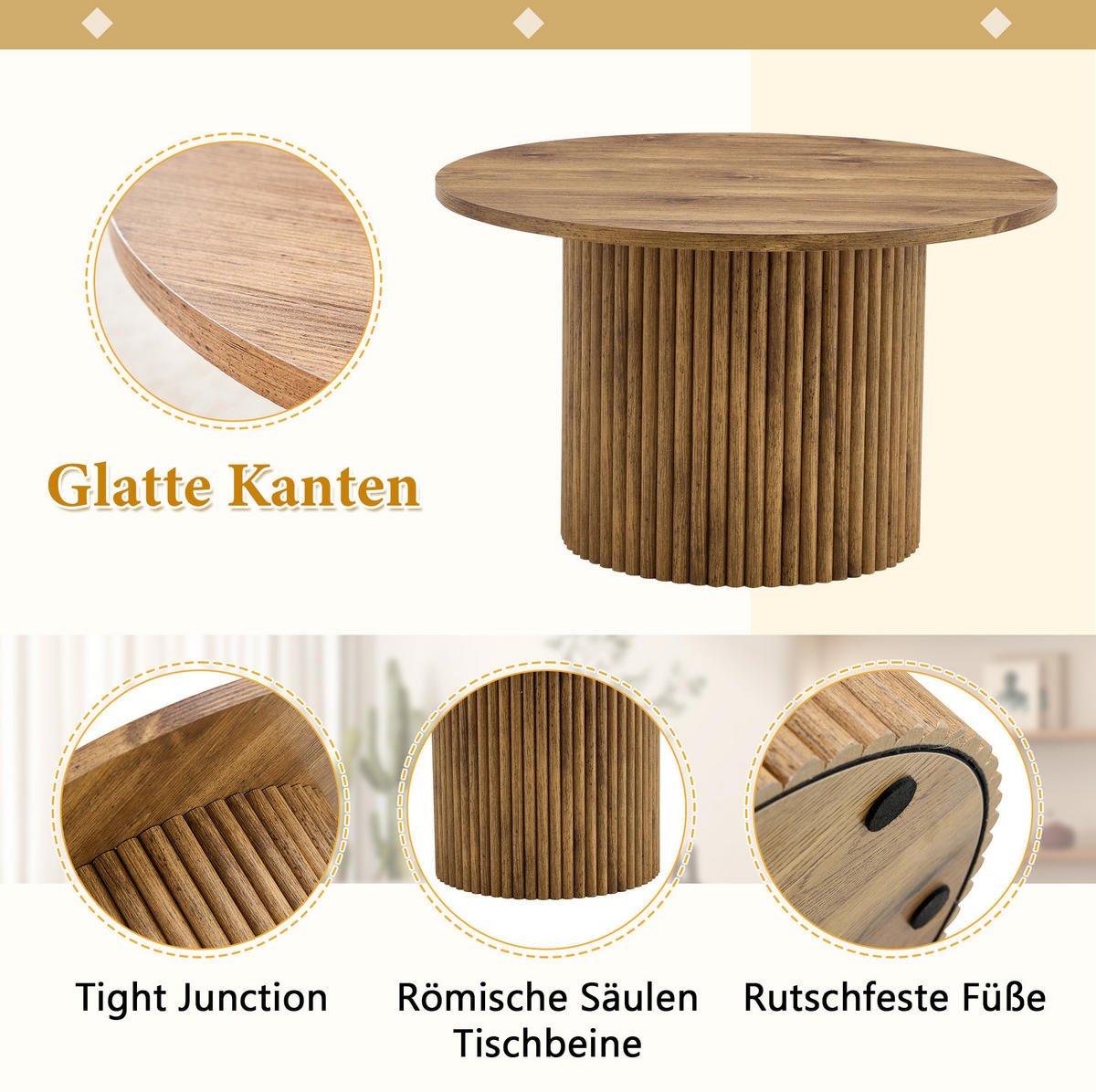 COUCHTISCH 70/70/42 cm mit runder Tischplatte, Säulendesign und Metallrahmen aus MDF, Holzfarben - Kieferfarben, Holzwerkstoff (70/70/42cm) - Redom