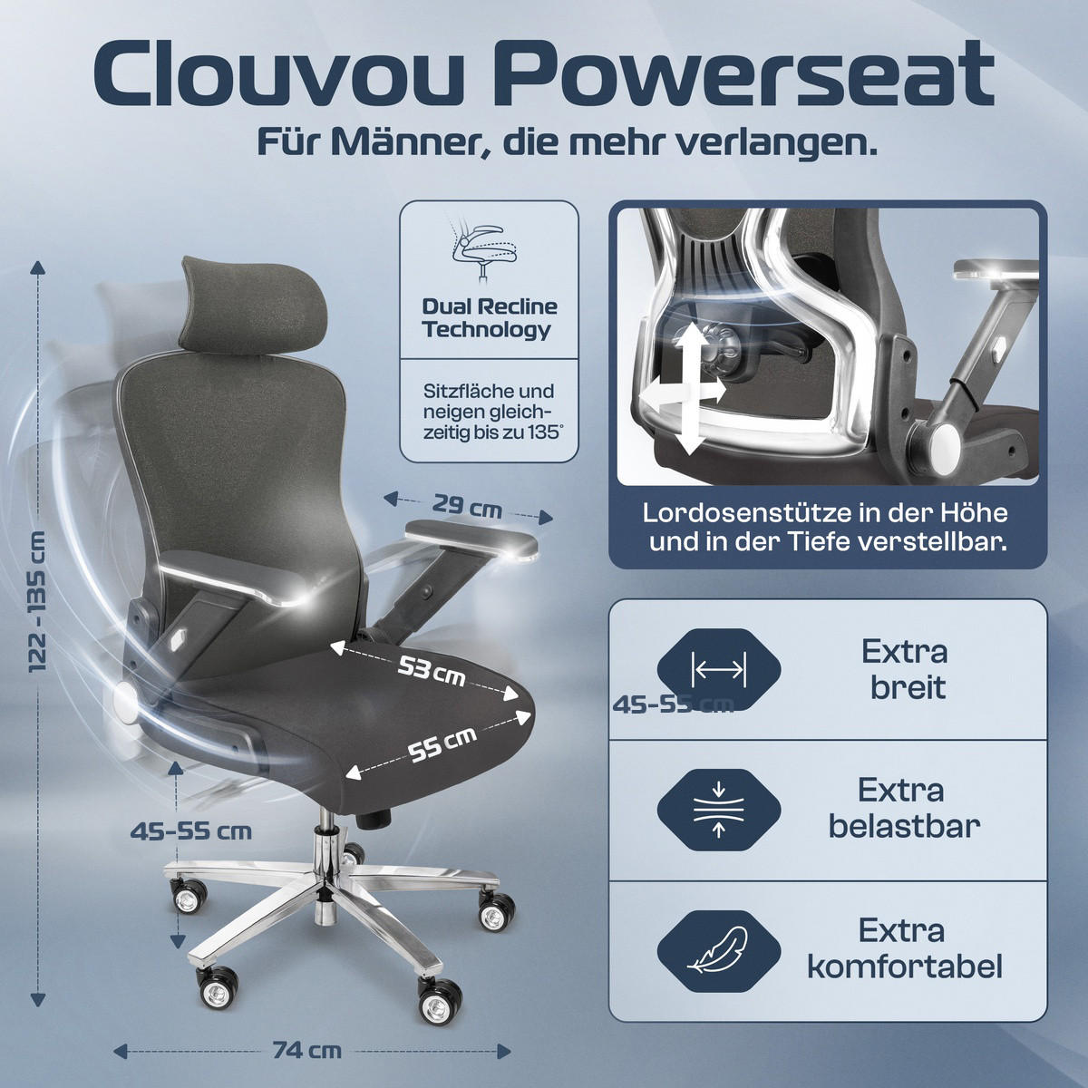 BÜROSTUHL PowerSeat Anthrazit - Anthrazit/Silberfarben, Kunststoff/Textil (74/135/74cm) - Clouvou