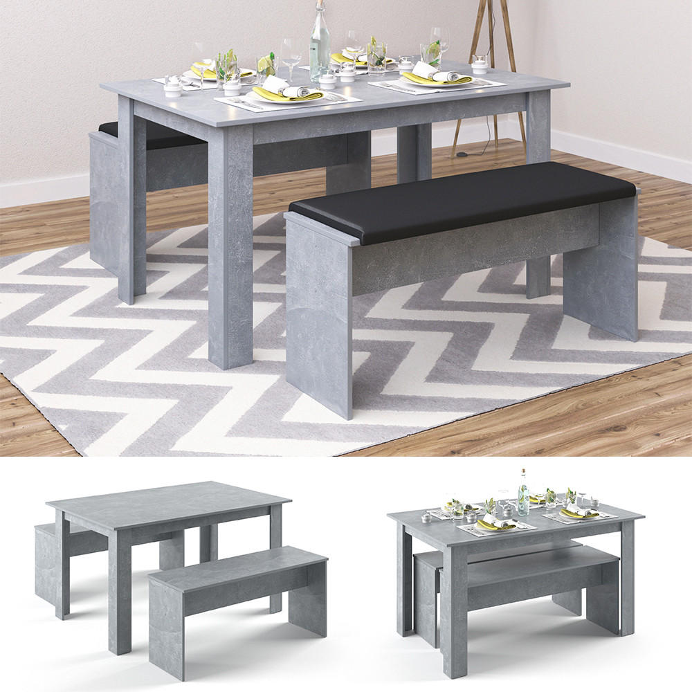 ESSTISCH SET Sentio Beton 90 x 140 cm mit 2 Bänken - Grau, Holzwerkstoff (140/76/90cm) - Vicco