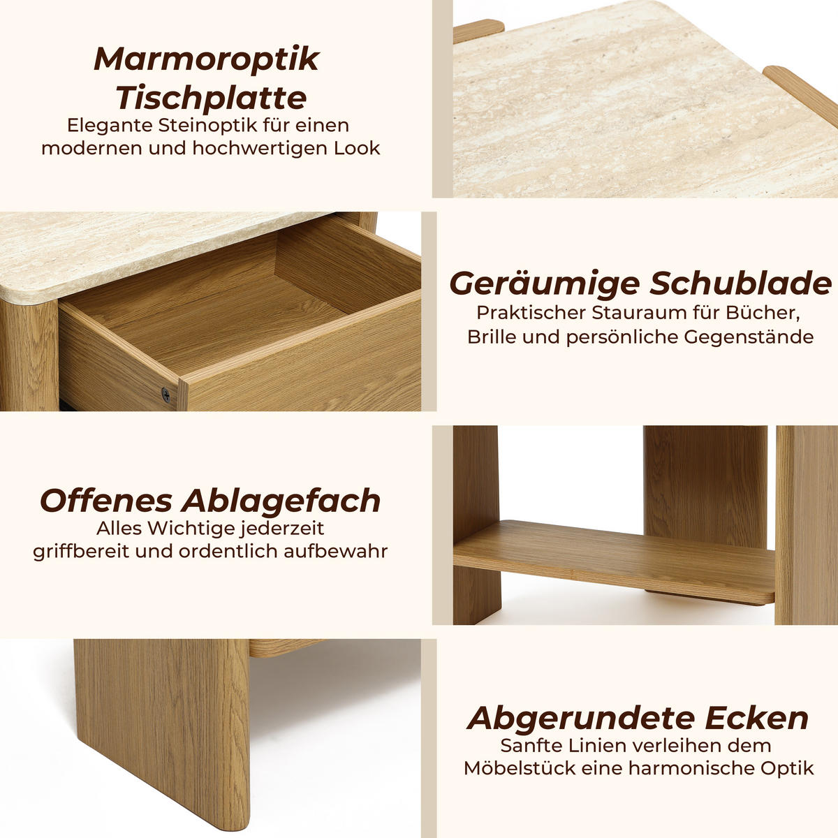 NACHTTISCH Modern mit Marmoroptik, Eiche, MDF | B55 x T40 x H53 cm - Eichefarben, Holz (55/53/40cm) - Hometopia