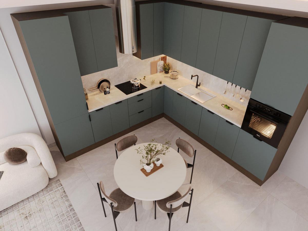 WINKELKÜCHE - 310 x 290 cm Livaro – KU-S34 – Grün / Dunkle Eiche - Dunkelbraun/Grün, Holzwerkstoff (310/247/290cm) - hi-markt