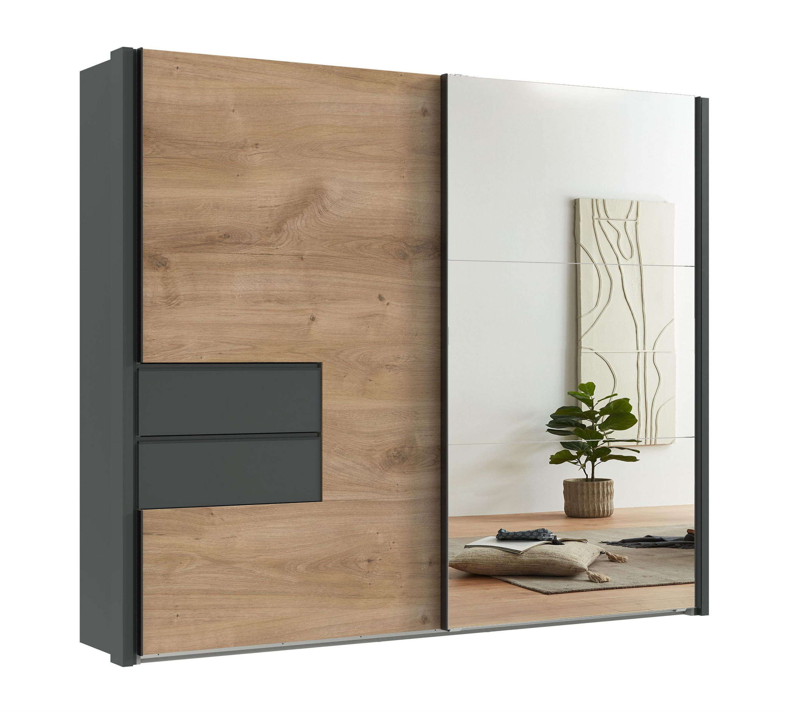 SCHWEBETÜRENSCHRANK B262/H216/T65 cm, Korpus+Passepartout+Schubladen Grafit, Türen eichefarben / Spiegel, inkl. Vollausstattung / 22060 - Eichefarben/Schwarz, Holzwerkstoff/Metall (262/216/65cm) - luma-home