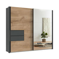 SCHWEBETÜRENSCHRANK B262/H216/T65 cm, Korpus+Passepartout+Schubladen Grafit, Türen eichefarben / Spiegel, inkl. Vollausstattung / 22060 - Eichefarben/Schwarz, Holzwerkstoff/Metall (262/216/65cm) - luma-home