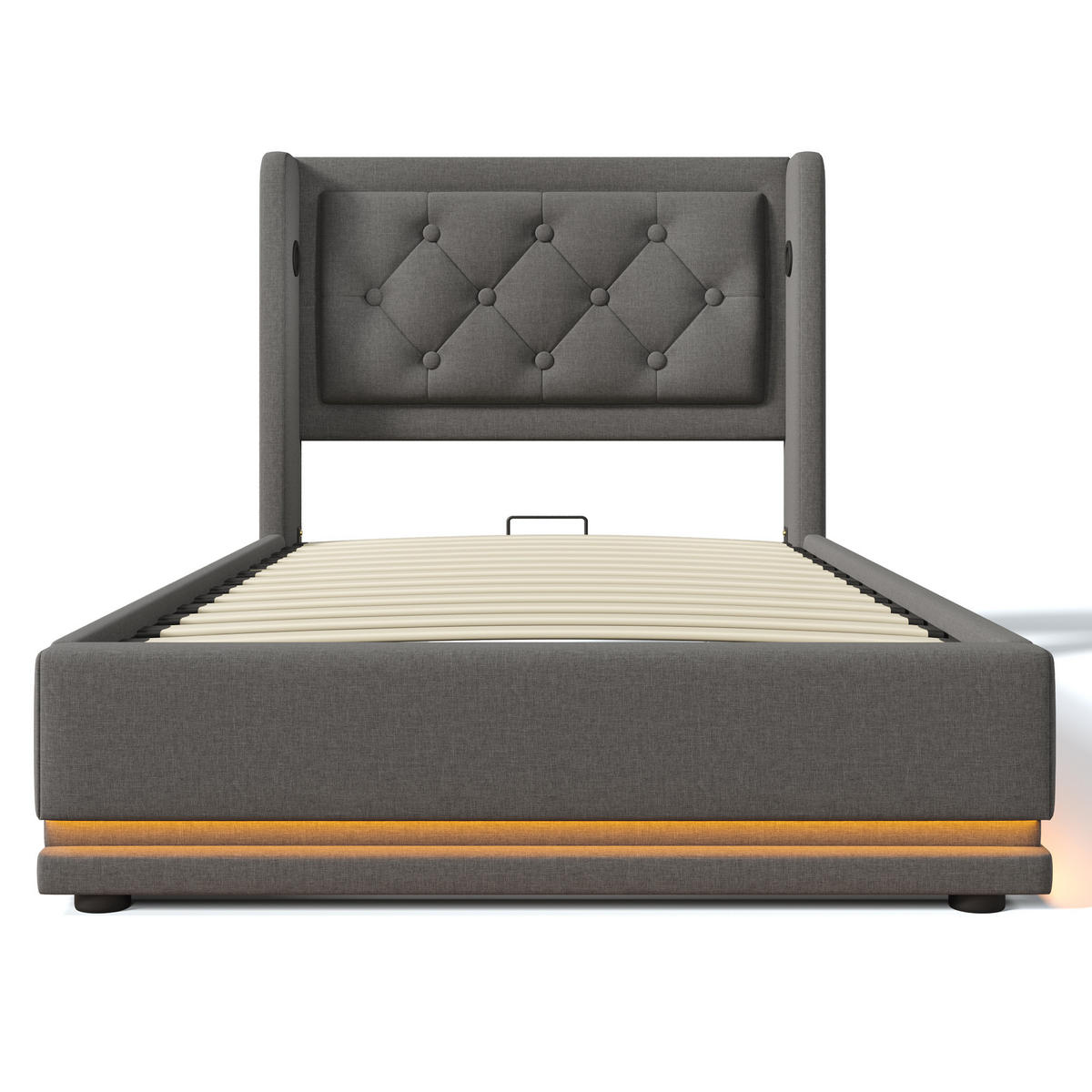 POLSTERBETT 90/200 cm Grau Baumwolle mit Stauraum und USB Typ-C-Anschluss - Grau, Textil (90/200cm) - OKWISH