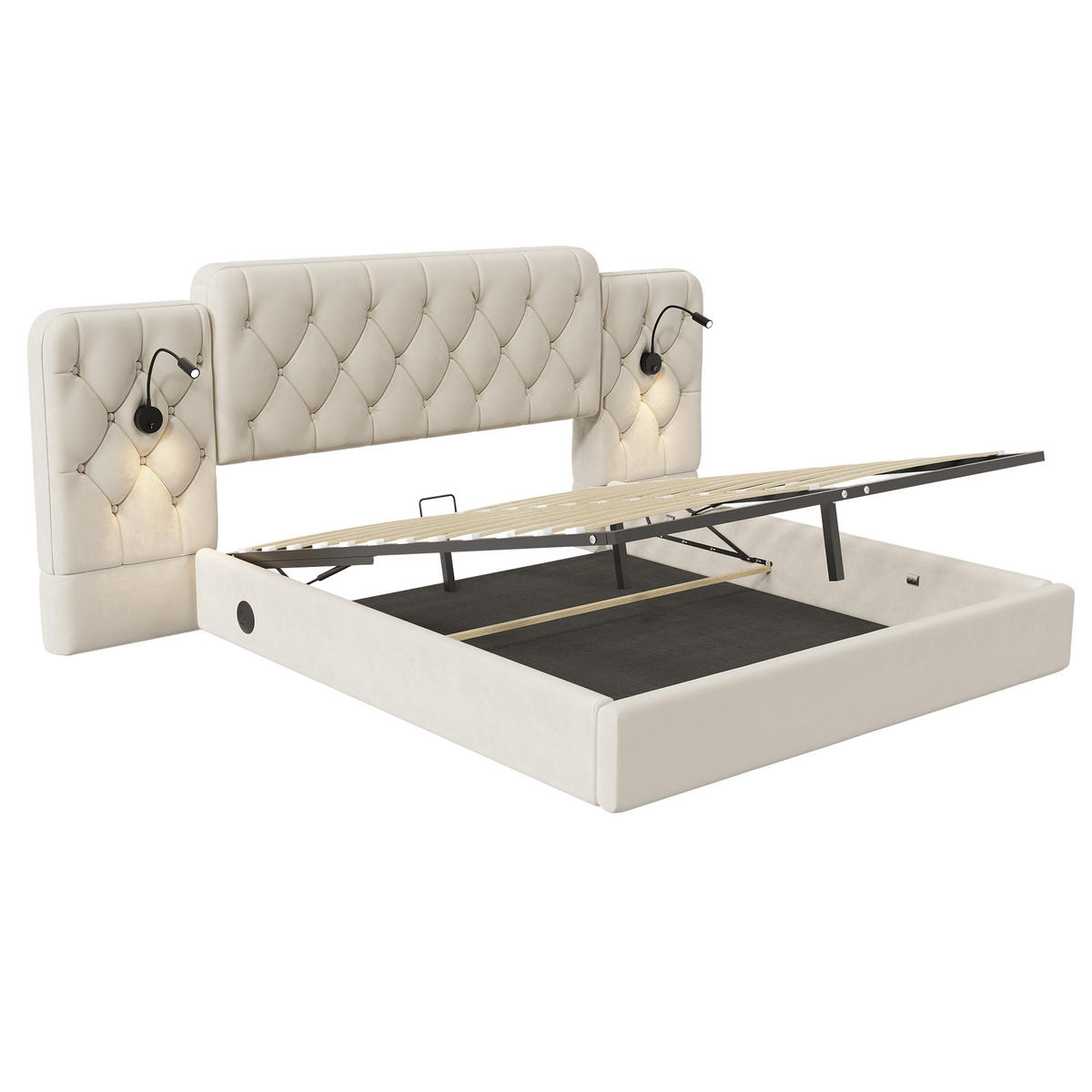 POLSTERBETT 180/200 cm in Beige Samt mit Bettkasten, Leselampe und USB - Beige, Holzwerkstoff/Textil (180/200cm) - WISHDOR