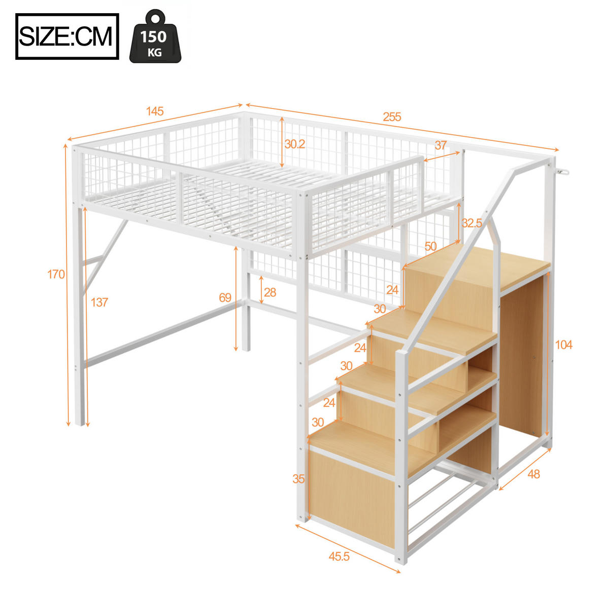 HOCHBETT aus Metall und MDF 140x200 cm Weiß mit app-gesteuerter LED-Beleuchtung, Stauraumtreppe und Kleiderschrank - Weiß, Metall (140/200cm) - Modfu