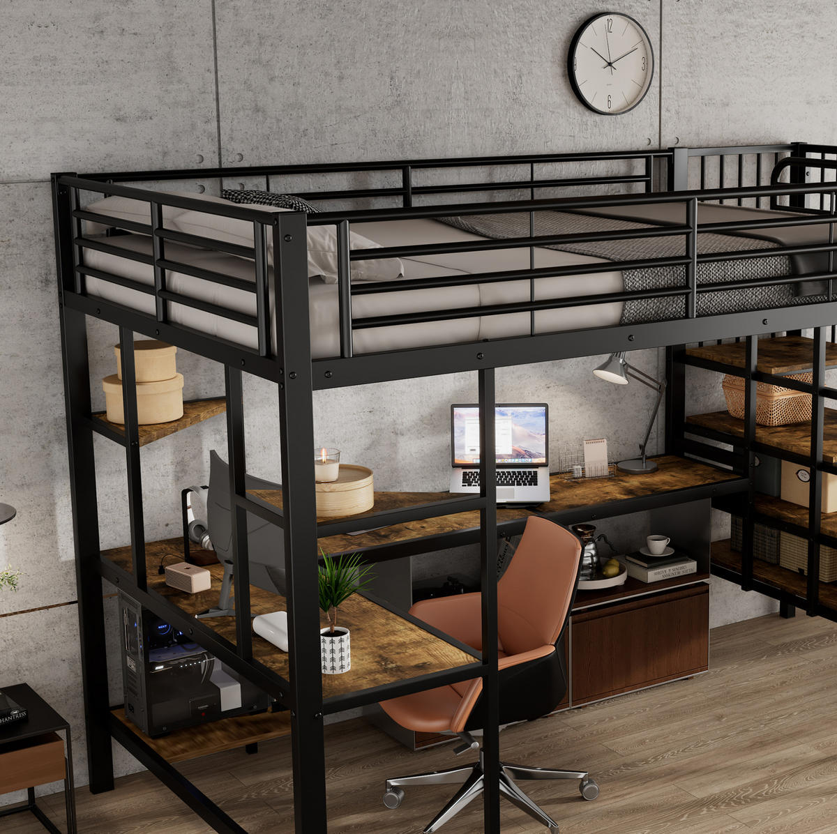 HOCHBETT 120x200 cm in Schwarz/Dunkelnussbaum mit Schreibtisch, Ecktreppe und Ladeanschluss - Schwarz, Metall (120/200cm) - IVMEU