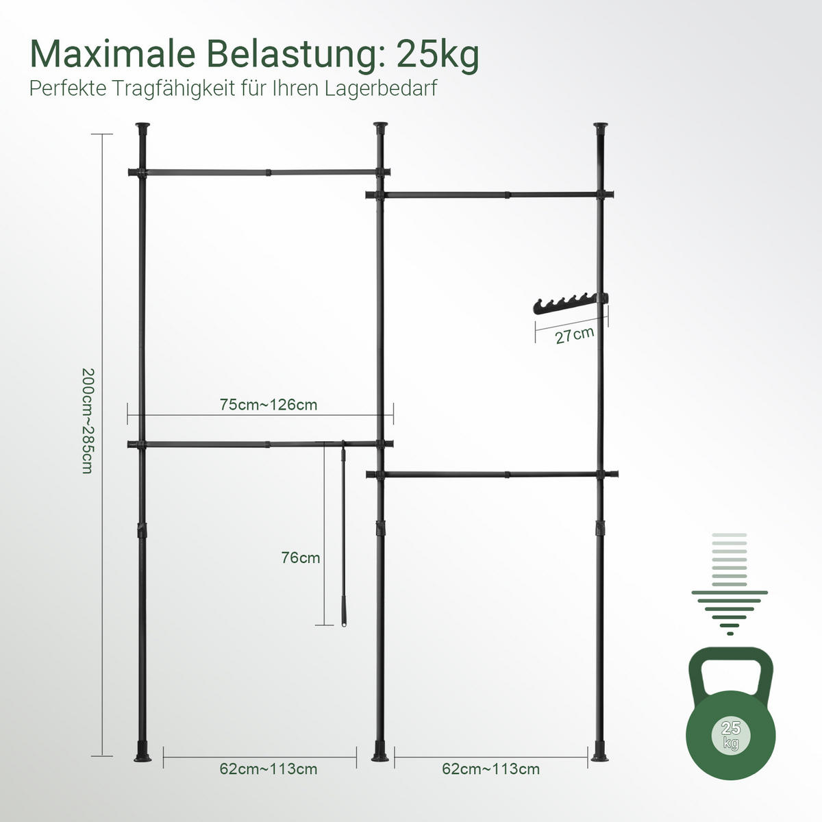 TELESKOP GARDEROBEN SYSTEM Schwarz - Schwarz, Kunststoff (226/285/3cm) - SoBuy