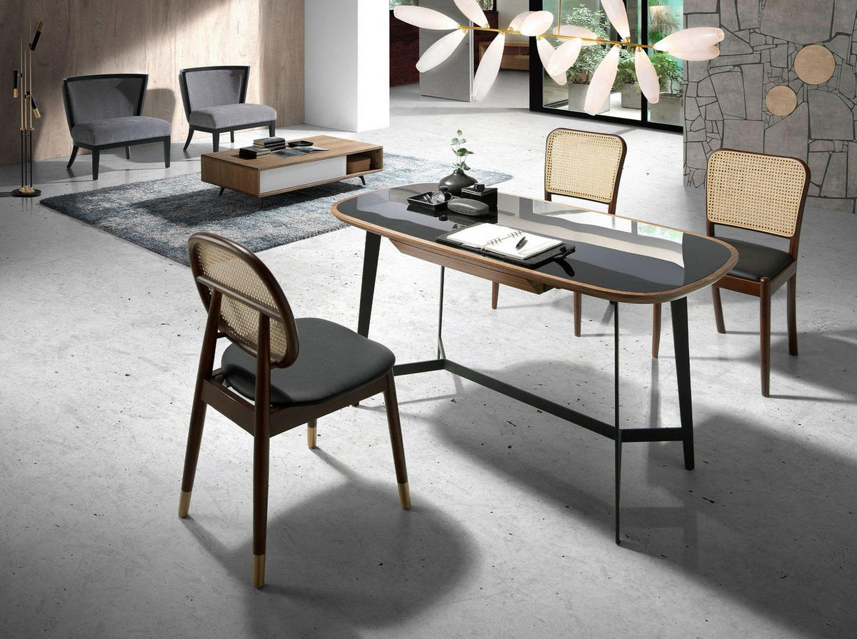 SCHREIBTISCH Schreibtisch Nussbaum und schwarzem Stahl mit schwarzer Glasplatte 140/72/76 cm - Walnussfarben/Schwarz, Holz/Metall (72/140/76cm) - ANGEL CERDA