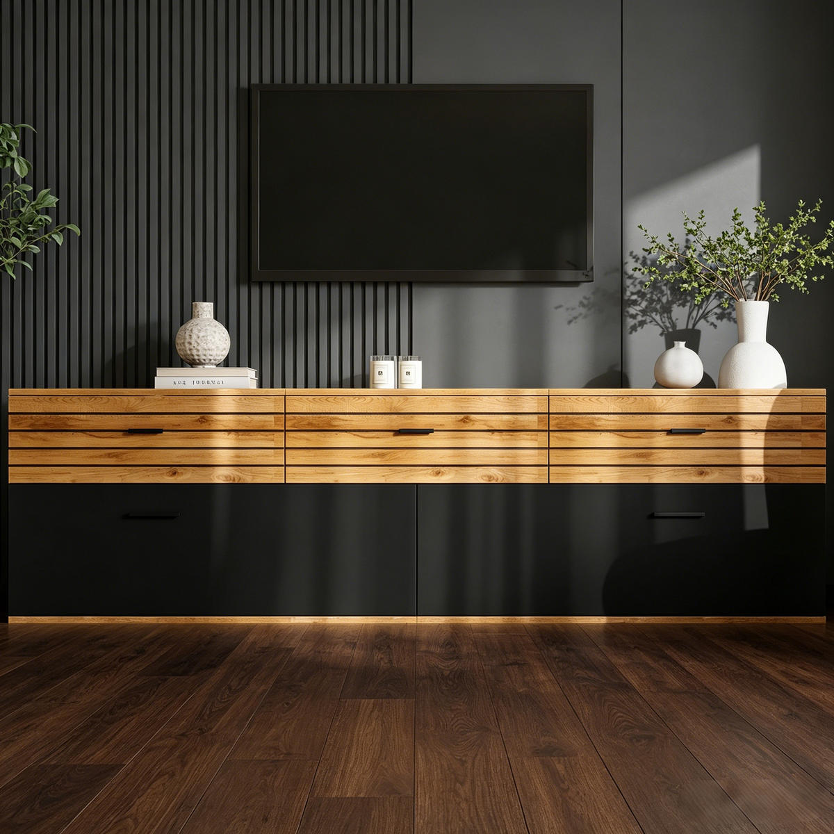 TV-ELEMENT168X38X59CM Holz-Schwarz für 65-Zoll TV mit 3 Schubladen - Naturfarben, Holz (45.01/23.01/68.5cm) - Raelunyi