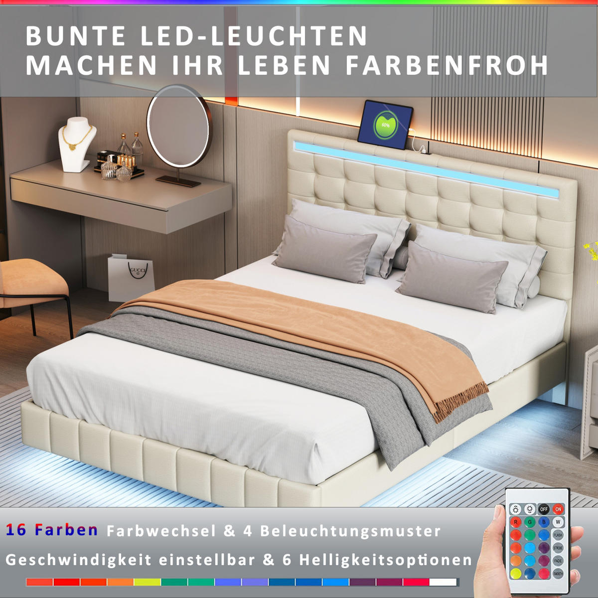 POLSTERBETT 140x200 cm, Beige, mit LED-Beleuchtung & USB - Beige, Textil/Metall (160/200cm)