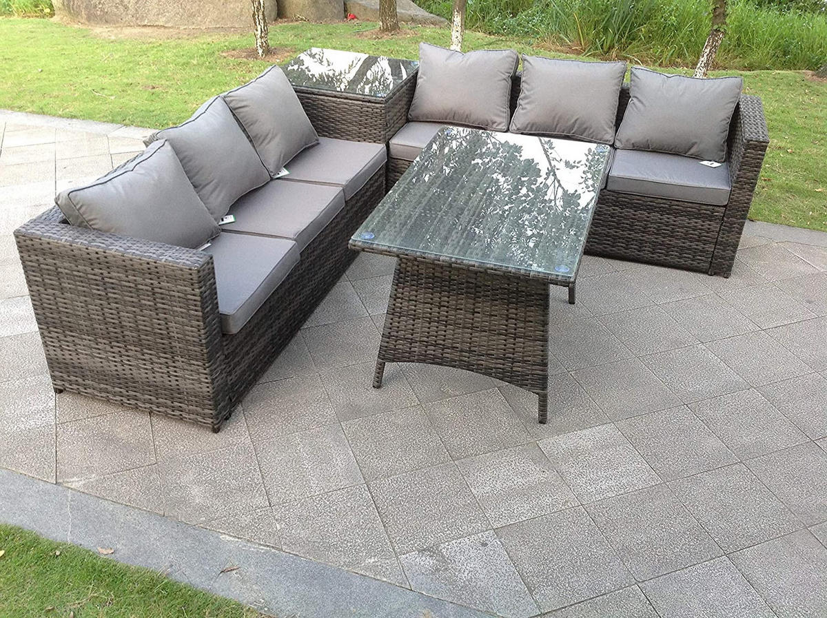 LOUNGESOFA SET mit Esstisch Polyrattan 6-Sitzer - Dunkelgrau/Grau, Glas/Kunststoff - Fimous