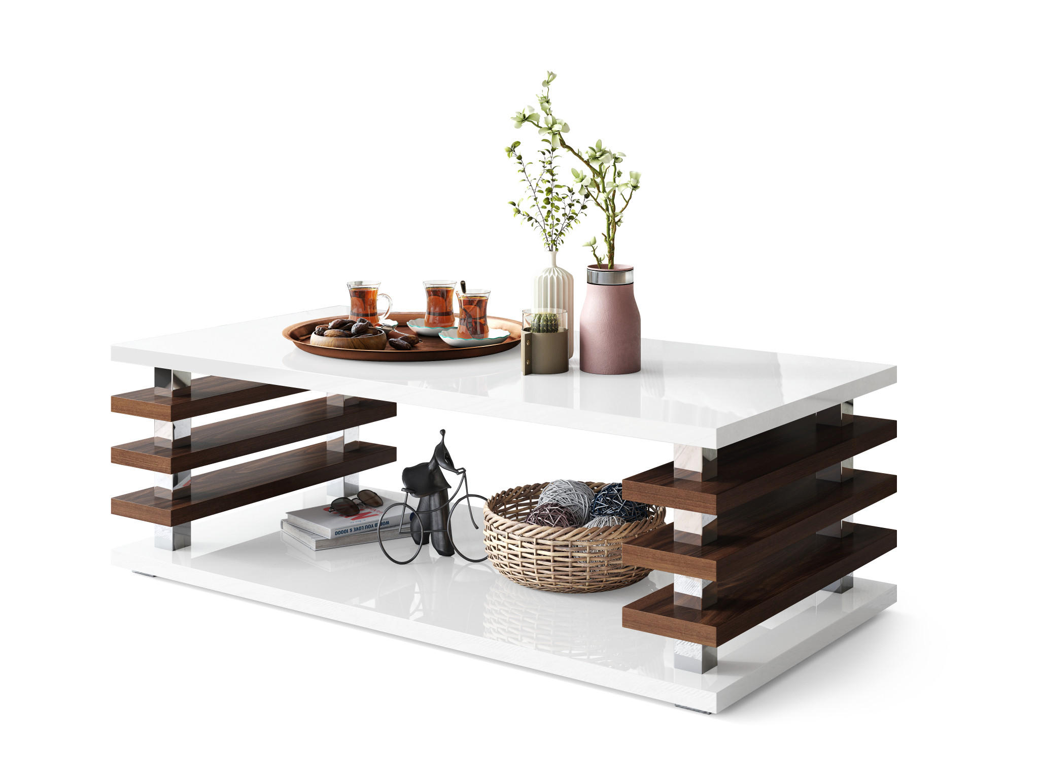 designimpex Couchtisch Weiß Hochglanz, Nussbaum 120x40x60 cm