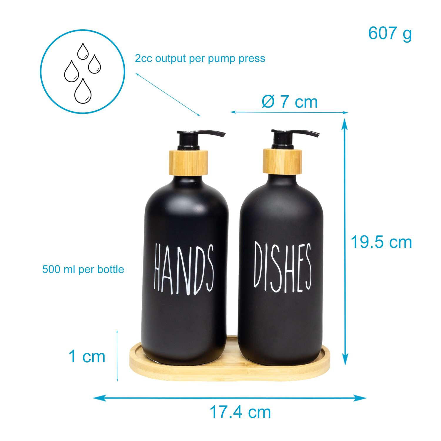 SEIFENSPENDER SET 500ml mit Tablett (3-tlg.) - Schwarz, Glas (8.8/20.6/17.4cm) - Intirilife