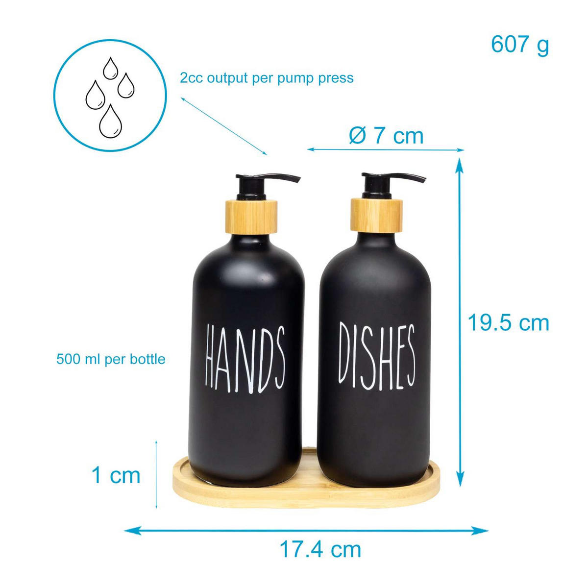 SEIFENSPENDER SET 500ml mit Tablett (3-tlg.) - Schwarz, Glas (8.8/20.6/17.4cm) - Intirilife