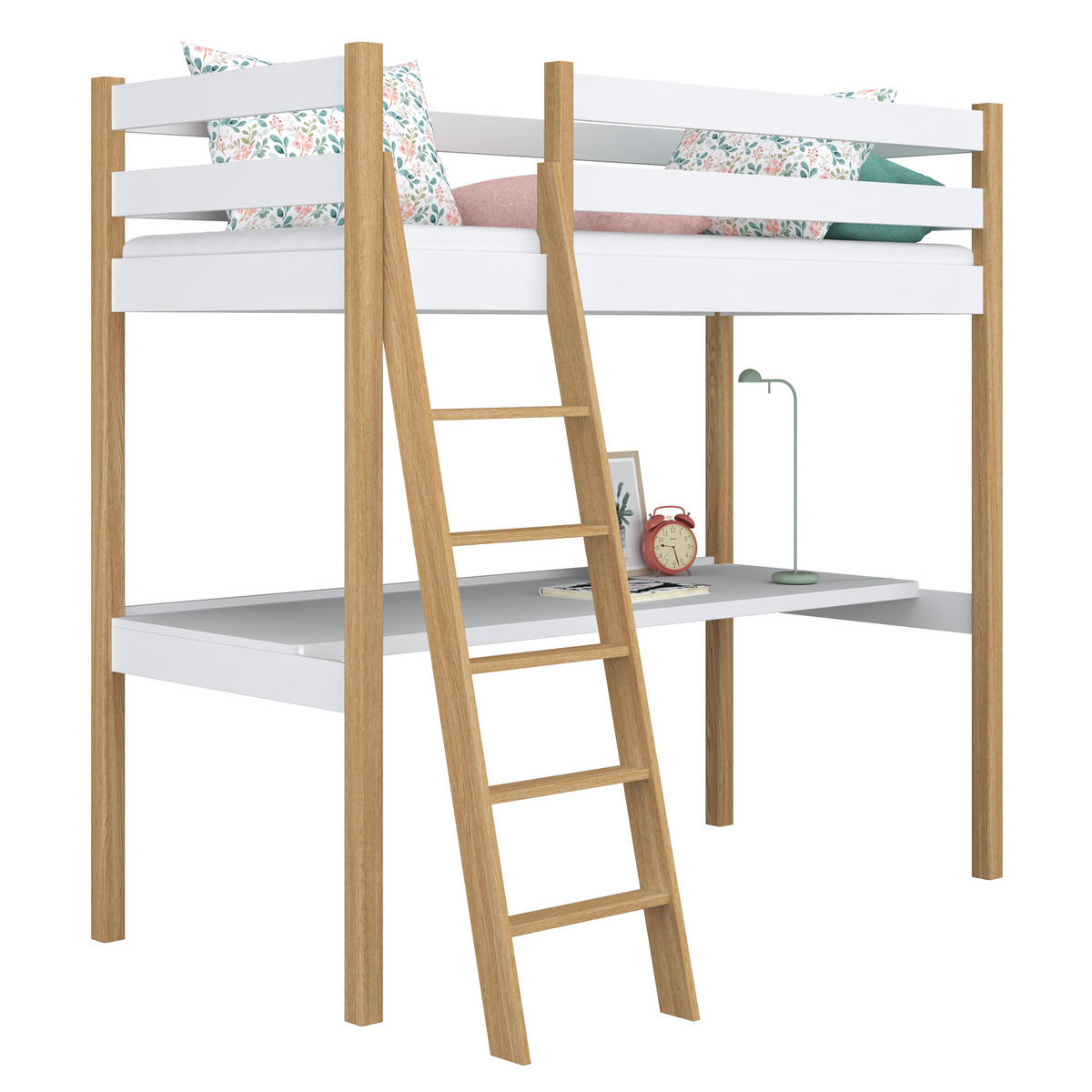 HOCHBETT N03 mit Schreibtisch Weiß / Eiche Natur 100/200 - Eiche Artisan/Weiß, Naturmaterialien/Holz (100/200cm) - N-Wood