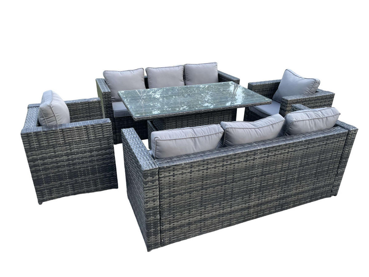 GARTENTISCHGRUPPE Polyrattan 8-Sitzer - Dunkelgrau/Grau, Glas/Kunststoff - Fimous