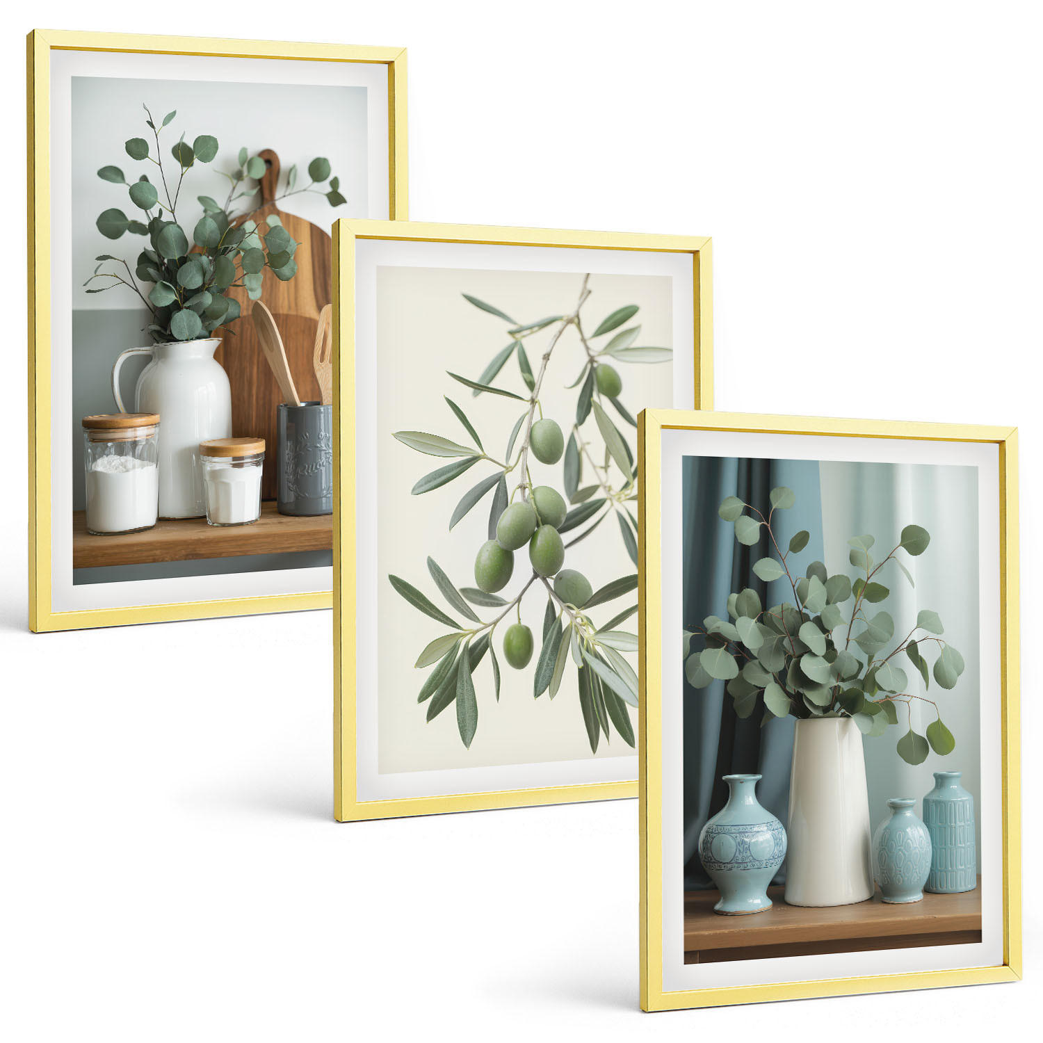 BILDER SET 3er Set - 40x60 cm Goldrahmen - Grüne Oliven, Eukalyptus - Goldfarben, Kunststoff (40/60cm) - TULUP