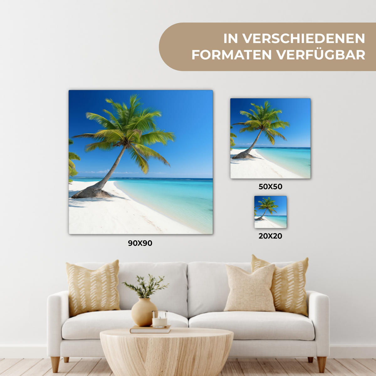 LEINWANDBILD Strand - Palme - Tropisch - Meer 90x90 cm - Grün, Textil (90/90cm) - MuchoWow