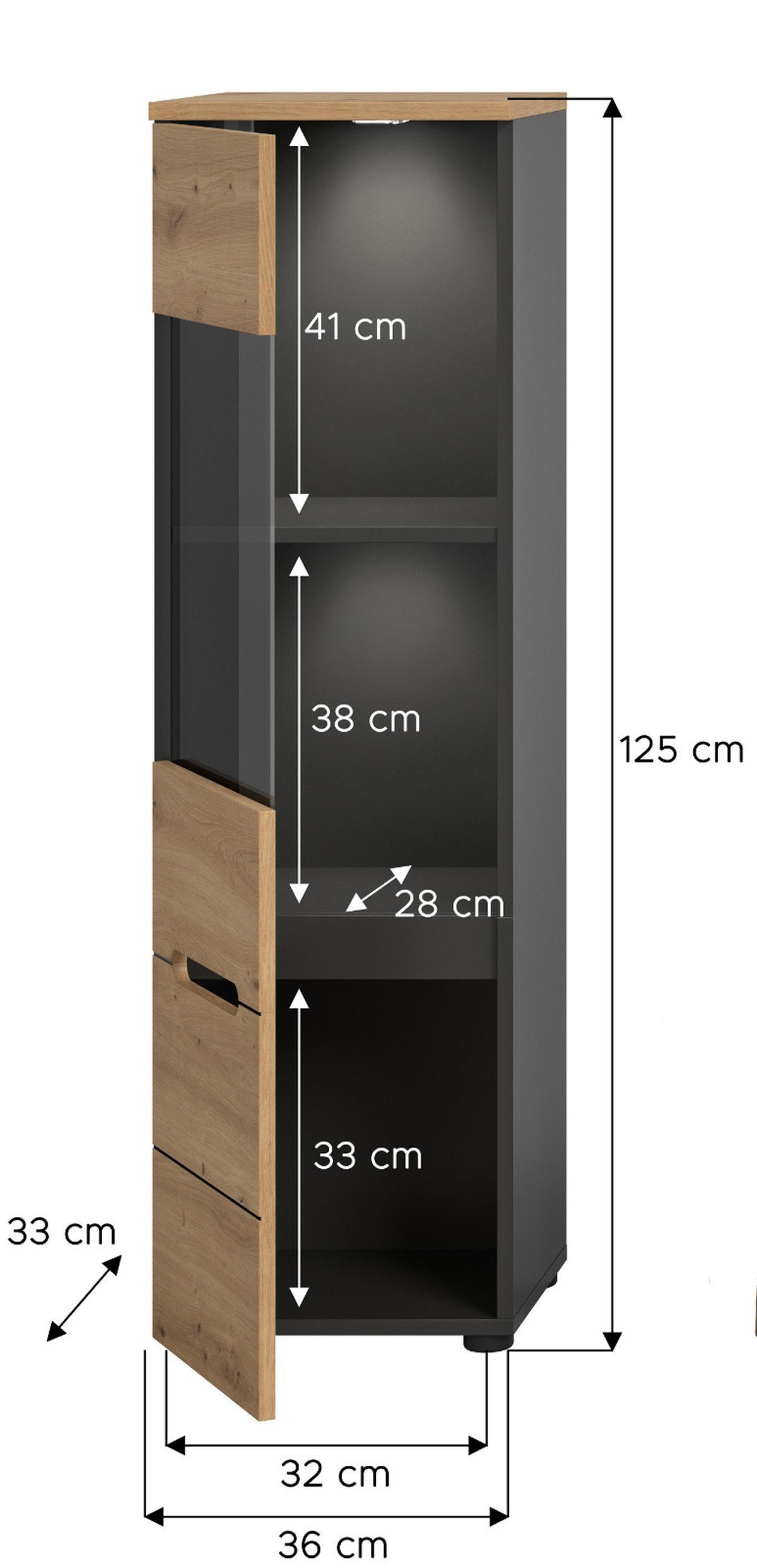 VITRINE Eiche Artisan, grau, Vitrinenschrank hängend / stehend 36 cm, Soft-Close - Schwarz/Eiche Artisan, Glas/Holzwerkstoff (36/125/33cm) - Inn.Furn