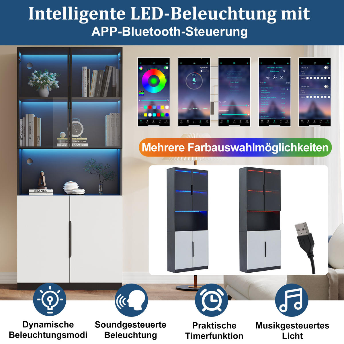 VITRINE 80/30/200 cm aus Holzwerkstoff mit LED-Beleuchtung und Glastüren Weiß - Weiß, Holzwerkstoff (80/200/30cm) - Modenvie