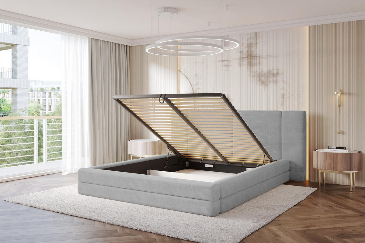 POLSTERBETT mit Bettkasten und Lattenrost, Bett mit Matratze H3/H4 - TEVO 160x200 Grau - Hellgrau, Holzwerkstoff/Textil (160/200cm) - ALTDECOR