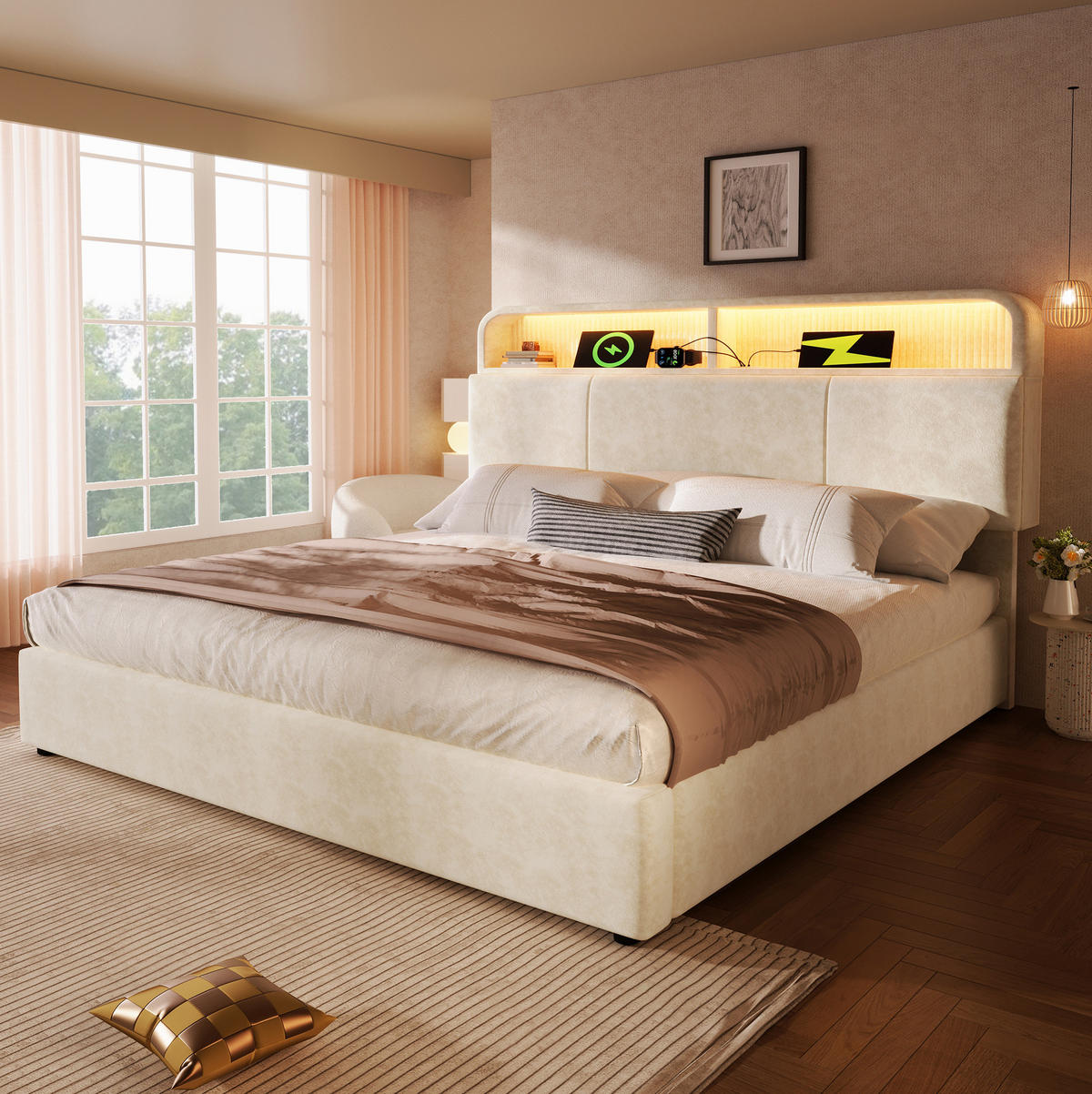BETT mit Stauraum und LED 140x200 cm Samt Beige mit Lattenrost - Beige, Metall (140/200cm) - Meubliv