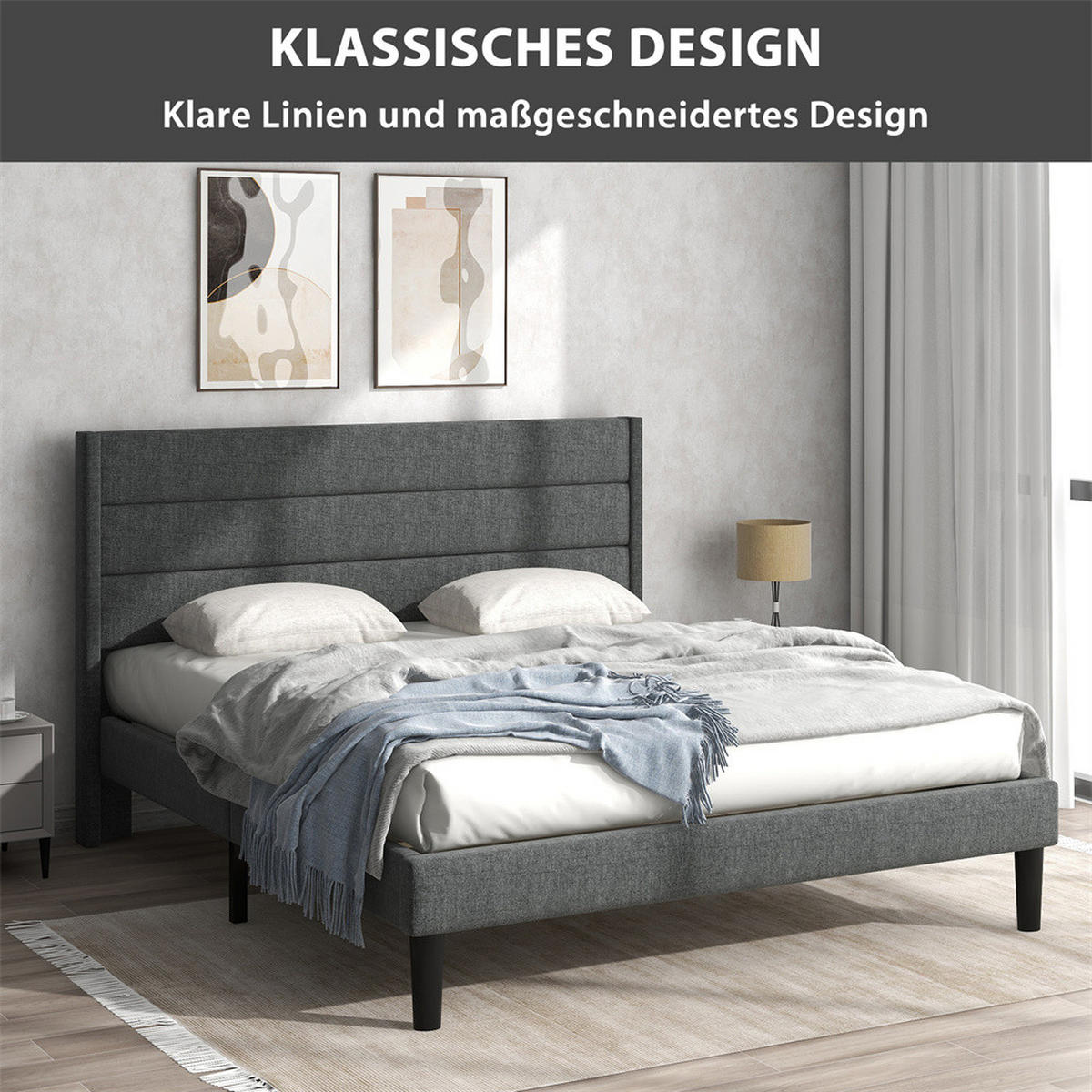 POLSTERBETT 140/200 cm in Grau Leinen - Dunkelgrau, Holz/Textil (140/200cm) - KOMHTOM