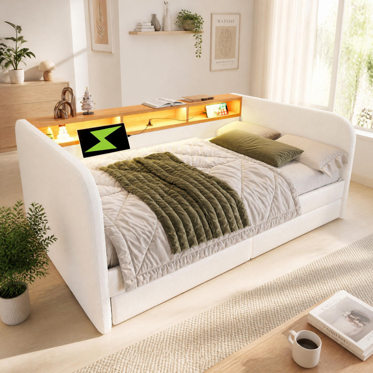 POLSTERBETT 140/190 mit LED, USB-C und Bettkasten in Hellbeige - Beige, Holzwerkstoff/Textil (140/190cm) - EVRYAE