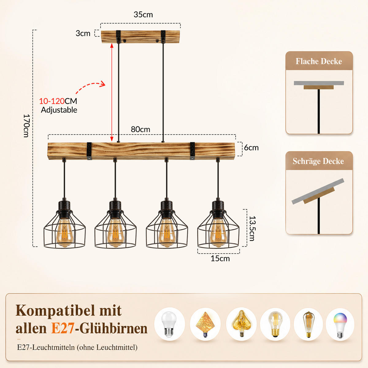 PENDELLEUCHTE Sylthar 80/15/170 cm - Schwarz/Braun, Holz/Metall (80/15/170cm) - ZMH