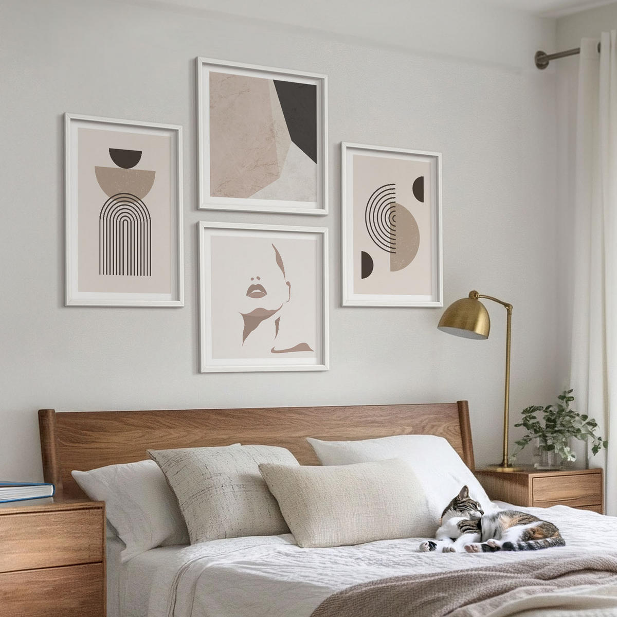 BILDER SET 4er Set - 50x50 cm & 40x60 cm Weißer Rahmen - Abstrakte Gesichtsformen - Weiß, Kunststoff (50/50cm) - TULUP